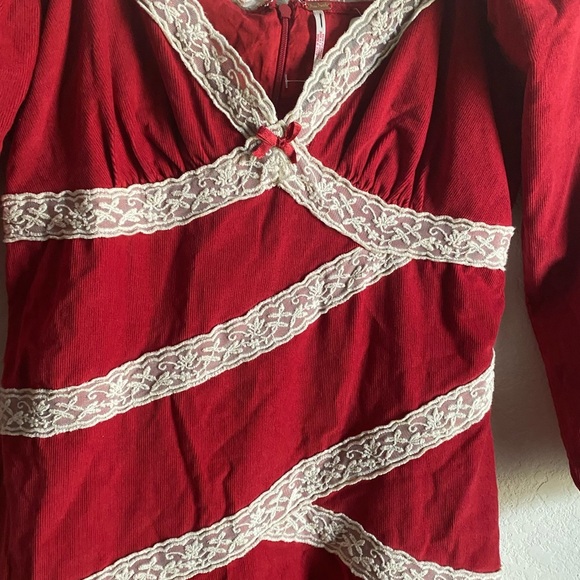 Free People Tennley Red Milkmade Coquette Corduroy Whimsigoth Lace Mini Dress XS - Picture 9 of 16